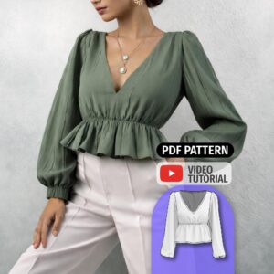 Peplum V Neck Blouse Sewing Pattern with Long Sleeves - Nelly