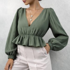 Peplum V Neck Blouse Sewing Pattern with Long Sleeves - Nelly